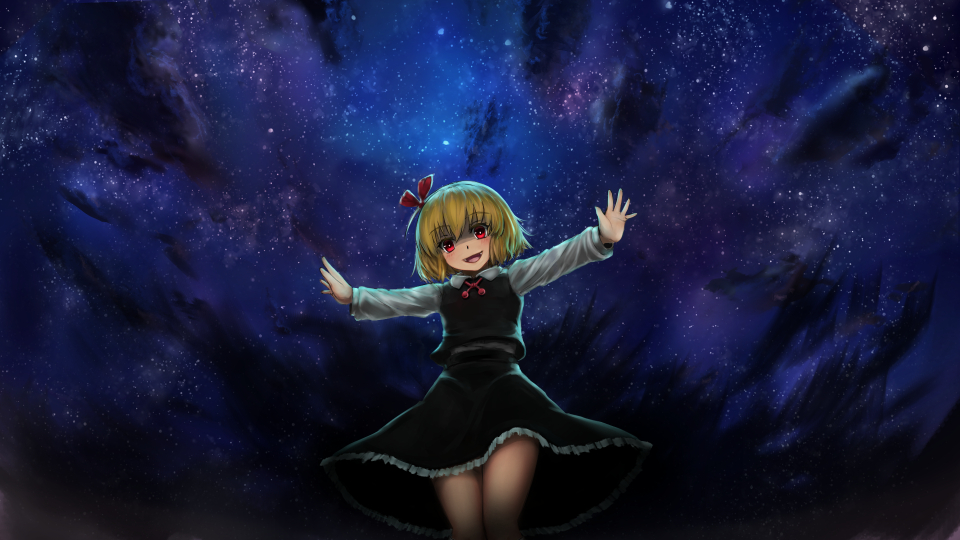 1girl bangs black_skirt black_vest blonde_hair commentary_request contrapposto cowboy_shot darkness eyebrows_visible_through_hair frilled_skirt frills from_below hair_ribbon head_tilt long_sleeves looking_at_viewer luke_(kyeftss) night night_sky open_hands open_mouth outdoors outstretched_arms red_eyes red_neckwear ribbon rumia shirt short_hair skirt skirt_set sky smile solo spread_arms star_(sky) starry_sky touhou vest white_shirt wing_collar