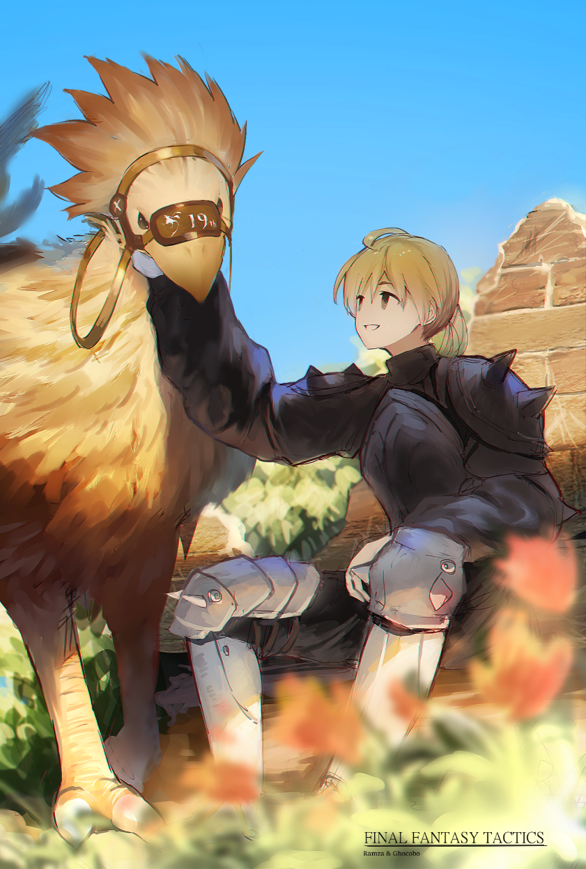 1boy armor blonde_hair blue_sky blurry chocobo day depth_of_field final_fantasy final_fantasy_tactics flower grass highres kinketsu outdoors ponytail ramza_beoulve sitting sky smile traditional_media watercolor_(medium)