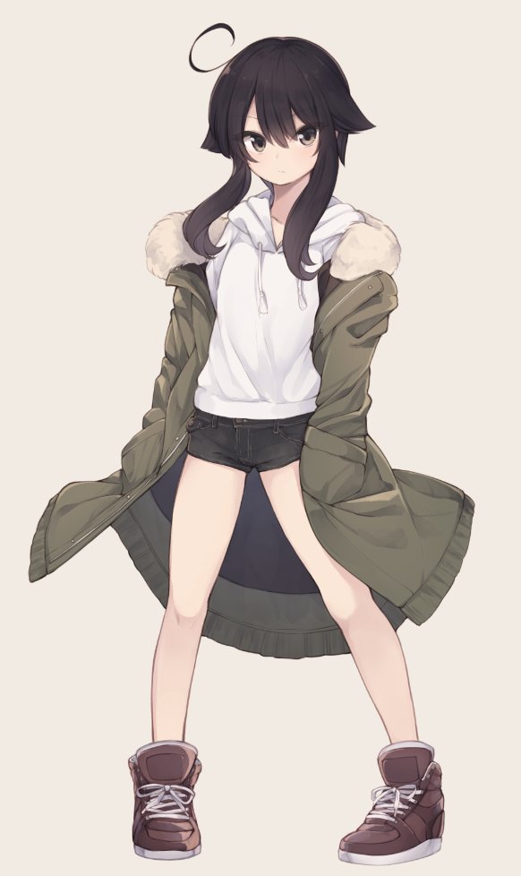 1girl ahoge bangs black_shorts blush brown_background brown_eyes brown_footwear brown_hair commentary_request drawstring eyebrows_visible_through_hair full_body fur-trimmed_jacket fur_trim green_jacket hair_between_eyes hair_flaps hands_in_pockets hood hood_down hoodie jacket legs_apart long_hair looking_at_viewer natsuki_teru original shikibe_ayaka shoes short_hair_with_long_locks short_shorts shorts sidelocks simple_background sneakers solo standing white_hoodie