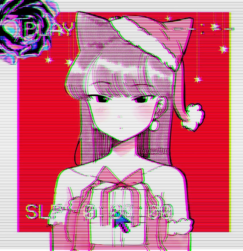 1girl animal_ears black_eyes black_hair box cat_ears christmas earrings gift gift_box jewelry komi-san_wa_komyushou_desu komi_shouko kumaartsu long_hair looking_back nannachi santa_costume shitpost vaporwave