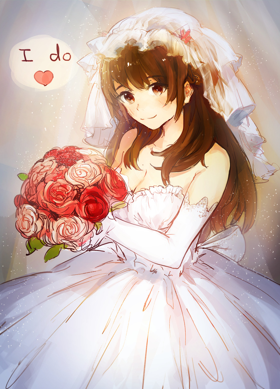 1girl arms_up bangs bare_shoulders bouquet breasts bridal_veil bride brown_eyes brown_hair character_request cleavage closed_mouth commentary dress elbow_gloves english_commentary flower gloves heart highres holding holding_bouquet looking_at_viewer looking_to_the_side medium_breasts pink_flower red_flower smile solo spoken_heart upotte!! veil wedding_dress white_dress white_gloves