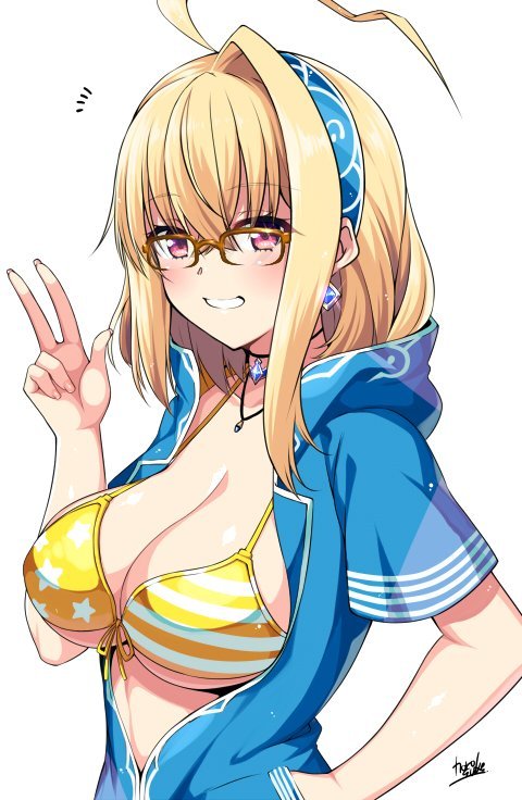1girl ahoge bangs bikini blonde_hair blue_jacket blush brave_girl_ravens breasts choker cleavage collarbone earrings eyebrows_visible_through_hair front-tie_bikini front-tie_top glasses glint grin hair_between_eyes hairband hand_in_pocket hand_up hood hood_down hooded_jacket horosuke_(toot08) jacket jewelry large_breasts long_hair looking_at_viewer necklace open_clothes open_jacket partially_unzipped red_eyes short_sleeves sidelocks signature simple_background smile solo star star_print striped striped_bikini swimsuit teeth upper_body w white_background wing_collar yellow-framed_eyewear yellow_bikini