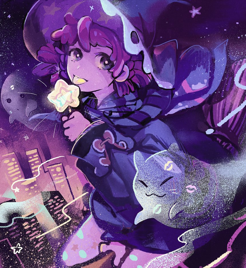 1girl :p bayashiko broom broom_riding building candy city_lights cityscape commentary_request dress flying food ghost halloween hat holding lipstick_mark lollipop long_sleeves looking_at_viewer night original pink_hair pink_skin purple_dress purple_hat skyscraper solo tongue tongue_out violet_eyes witch witch_hat