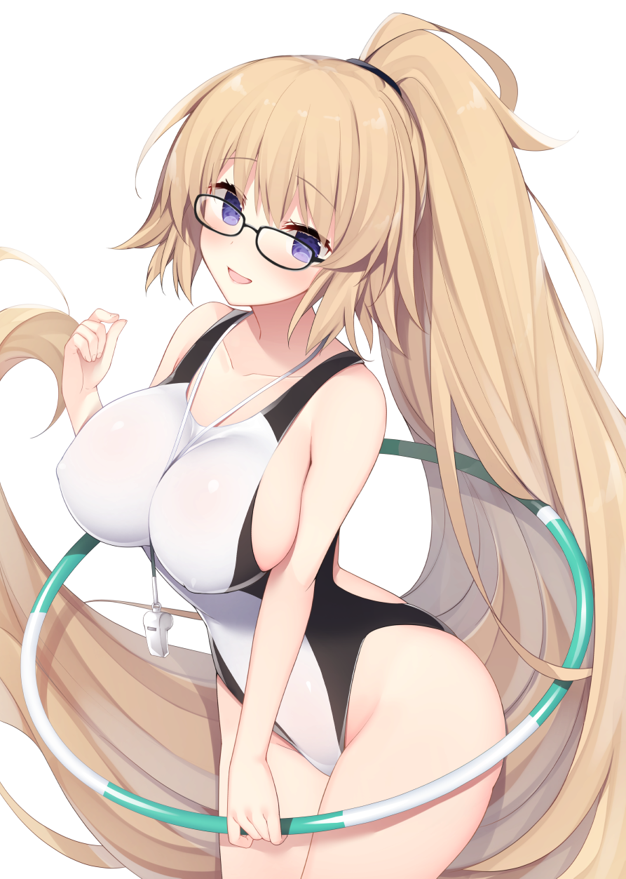 1girl :d bangs bare_shoulders between_breasts black-framed_eyewear blonde_hair blue_eyes blush breasts collarbone competition_swimsuit covered_nipples eyebrows_visible_through_hair fate/grand_order fate_(series) glasses hand_up head_tilt highres holding hoop hula_hoop jeanne_d'arc_(fate)_(all) jeanne_d'arc_(swimsuit_archer) large_breasts long_hair looking_at_viewer miko_92 one-piece_swimsuit open_mouth ponytail sideboob simple_background smile solo swimsuit very_long_hair whistle whistle_around_neck