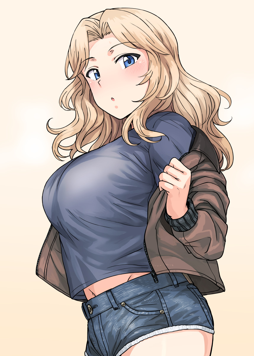 1girl bangs blonde_hair blue_eyes blue_shirt blush bomber_jacket breasts brown_jacket cutoffs denim denim_shorts girls_und_panzer hair_intakes highres hips jacket kay_(girls_und_panzer) large_breasts long_hair long_sleeves looking_at_viewer navel off_shoulder open_clothes open_jacket shirt shorts solo tsurui