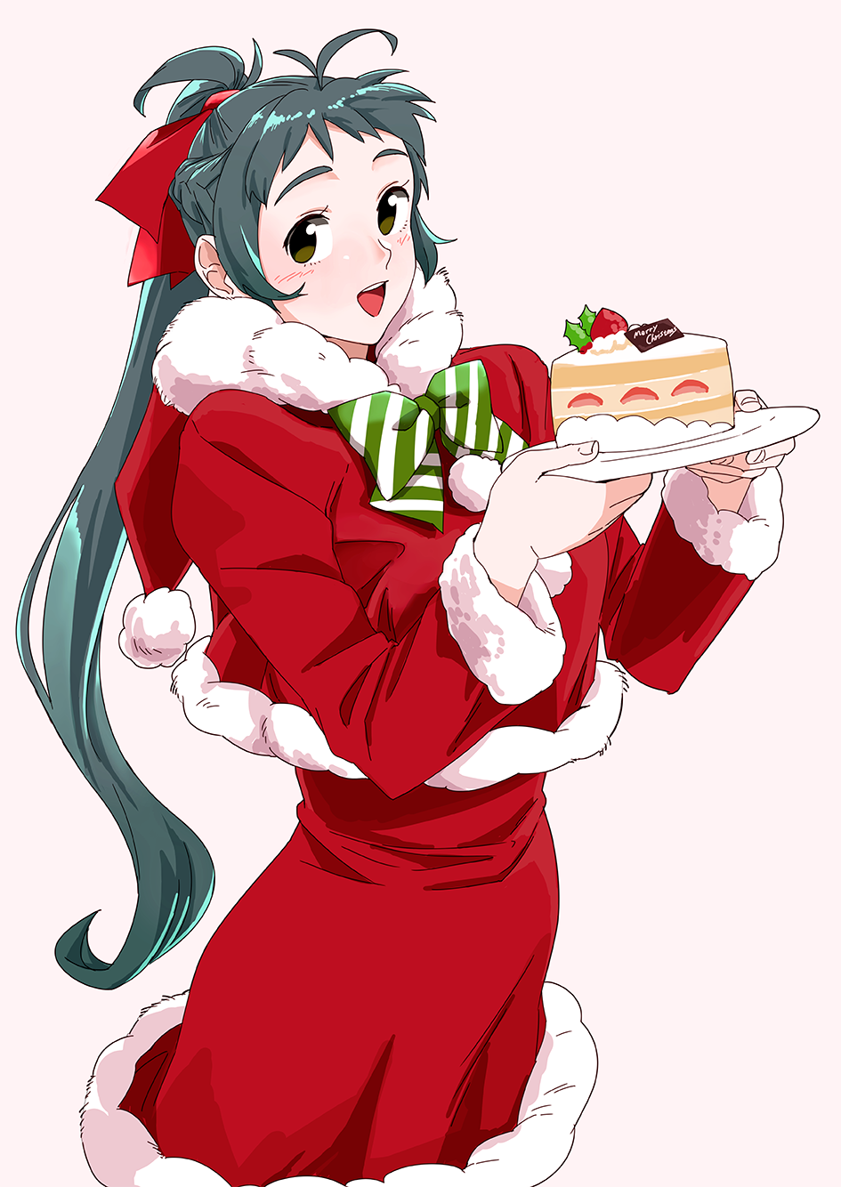 1girl ahoge bow brown_eyes cake capelet cowboy_shot dress food fruit fur-trimmed_dress fur_trim green_hair grey_background hair_bow highres irako_(kantai_collection) kantai_collection long_hair looking_at_viewer ojipon open_mouth plate ponytail red_bow red_dress santa_costume simple_background smile solo strawberry upper_teeth