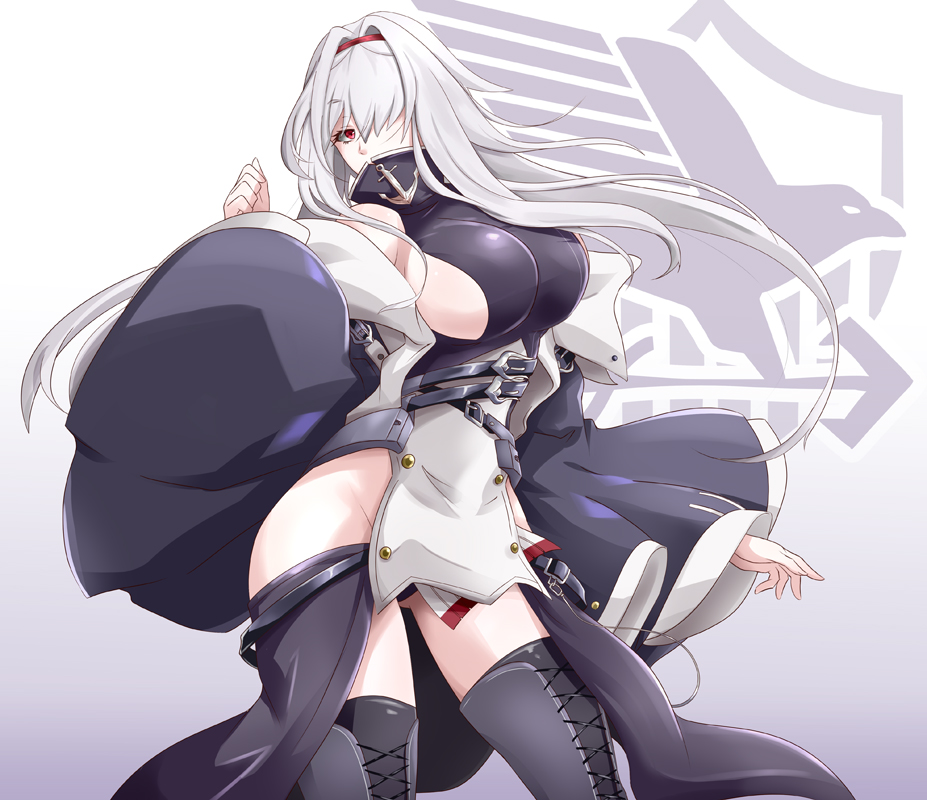 1girl anchor_symbol azur_lane bare_shoulders belt black_panties boots breasts coat colorado_(azur_lane) covered_mouth cowboy_shot detached_sleeves dress eyebrows_visible_through_hair gradient gradient_background grey_background gudon_(iukhzl) hair_over_one_eye hairband large_breasts logo long_hair long_sleeves looking_at_viewer panties red_eyes sideboob sleeveless sleeveless_dress solo standing thigh-highs thigh_boots underwear white_background white_hair wide_sleeves