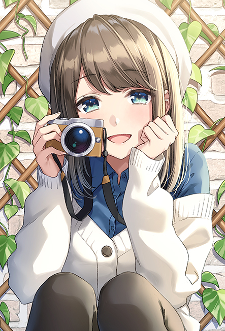 1girl :d bangs beret black_legwear blue_eyes blue_shirt blush brick_wall brown_hair camera collared_shirt commentary_request copyright_request dress_shirt eyebrows_visible_through_hair hands_up hat holding holding_camera jacket knees_up long_hair long_sleeves looking_at_viewer masuishi_kinoto off_shoulder official_art open_mouth pantyhose shirt sitting sleeves_past_wrists smile solo white_headwear white_jacket