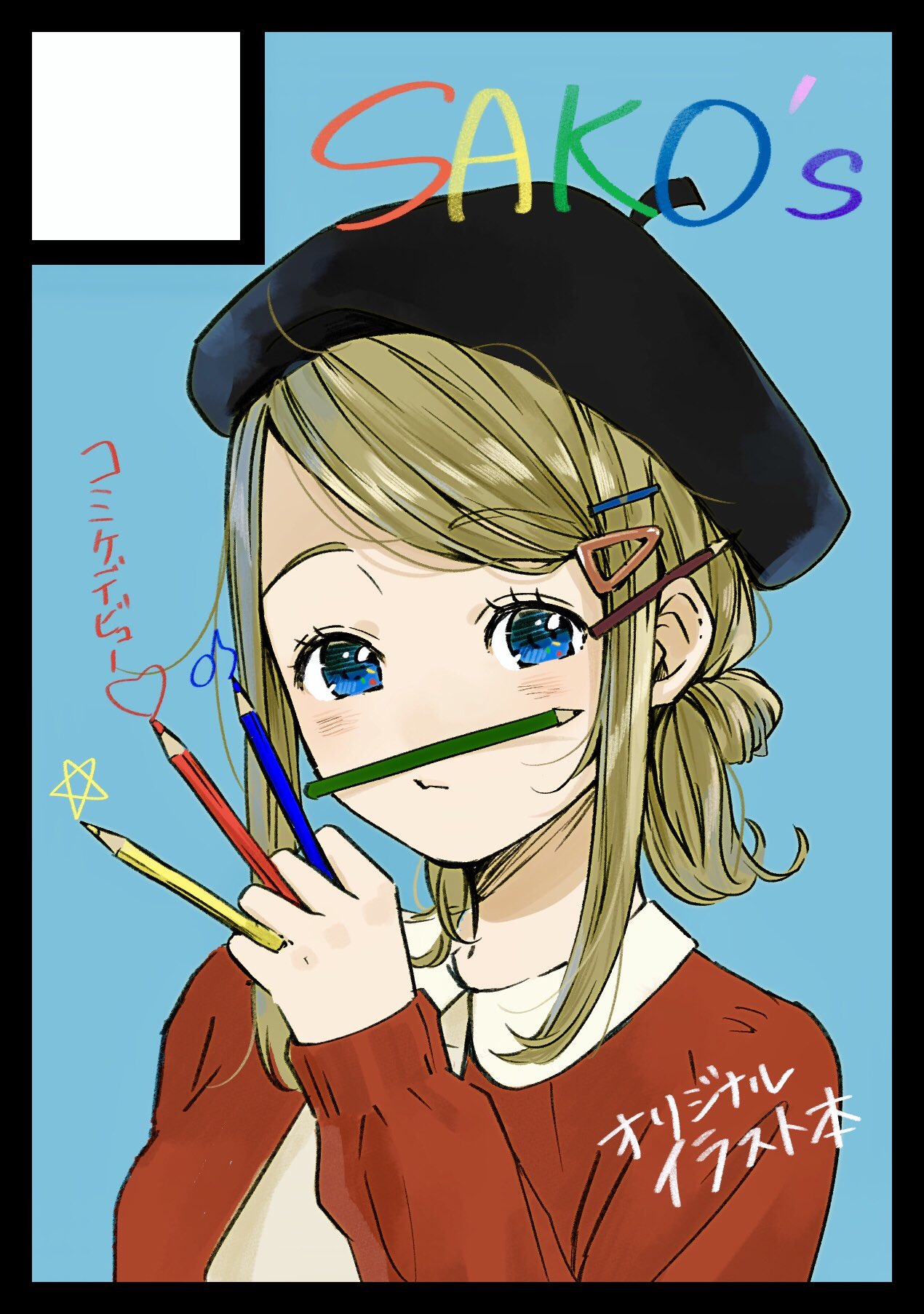 1girl artist_name beret black_border black_hat blonde_hair blue_background blue_eyes blush border circle_cut closed_mouth commentary_request eyebrows_visible_through_hair hand_up hat heart highres holding holding_pencil jacket long_sleeves looking_at_viewer musical_note original pencil ponytail red_jacket sako_(user_ndpz5754) short_hair simple_background solo star translated upper_body