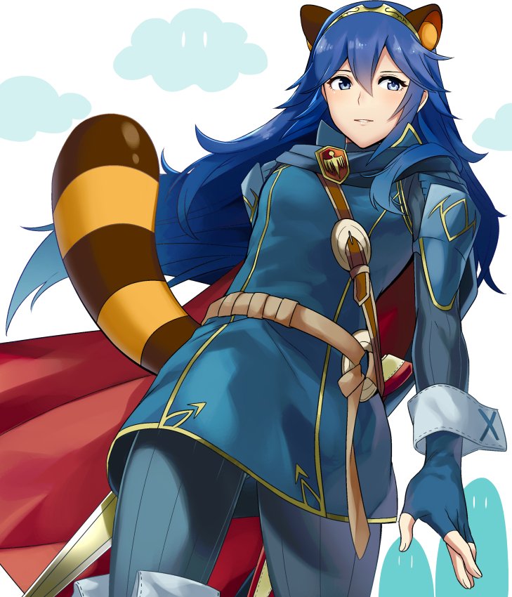 1girl a_meno0 animal_ears blue_dress blue_eyes blue_hair cape dress falchion_(fire_emblem) fingerless_gloves fire_emblem fire_emblem:_kakusei from_below gloves hair_between_eyes holding holding_sword holding_weapon long_hair lucina nintendo red_cape ribbed_legwear shoulder_armor sleeve_cuffs smile strap super_smash_bros. sword tail tiara tiger_ears tiger_stripes weapon