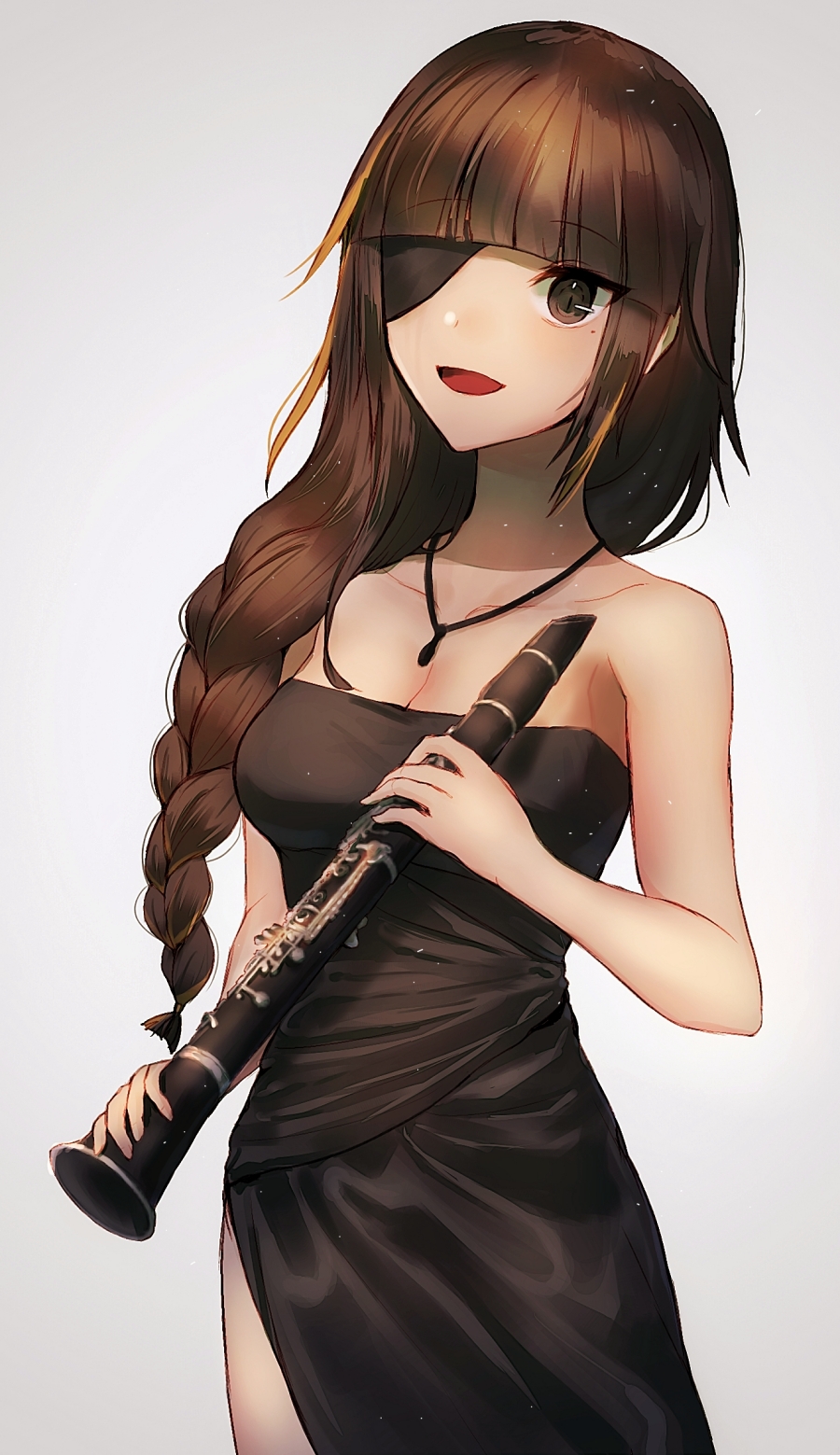 1girl :d black_dress braid breasts brown_eyes brown_hair clarinet cowboy_shot dress eyebrows_visible_through_hair eyepatch girls_frontline highres instrument jewelry long_hair looking_at_viewer m16a1_(girls_frontline) medium_breasts mole mole_under_eye necklace open_mouth simple_background smile solo strapless strapless_dress white_background xanax025