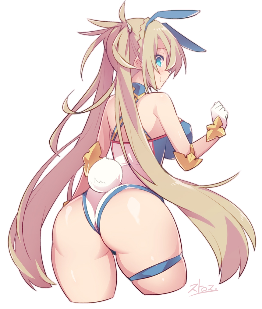 1girl animal_ears ass blonde_hair blue_eyes blush bradamante_(fate/grand_order) braid breasts bunny_girl bunny_tail closed_mouth commentary_request eyebrows_visible_through_hair fate/grand_order fate_(series) french_braid from_behind gloves leotard long_hair looking_at_viewer looking_back medium_breasts rabbit_ears shiny shiny_hair shiny_skin smile solo standing stroma tail thigh_strap twintails white_gloves white_leotard