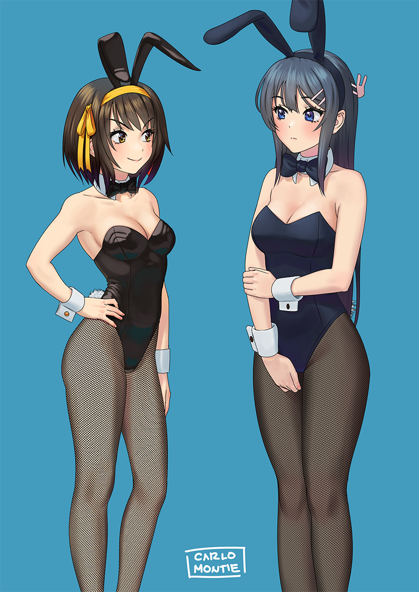 2girls animal_ears arm_across_waist artist_name black_hair black_legwear blue_background blue_eyes bow bowtie breasts brown_eyes brown_hair bunny_girl bunny_tail bunnysuit carlo_montie cleavage crossover detached_collar fake_animal_ears fishnet_legwear fishnet_pantyhose fishnets hair_ornament hairband hairclip hand_on_hip light_blush long_hair looking_at_another medium_breasts medium_hair multiple_girls pantyhose rabbit_ears sakurajima_mai seishun_buta_yarou simple_background smile standing suzumiya_haruhi suzumiya_haruhi_no_yuuutsu tail wrist_cuffs