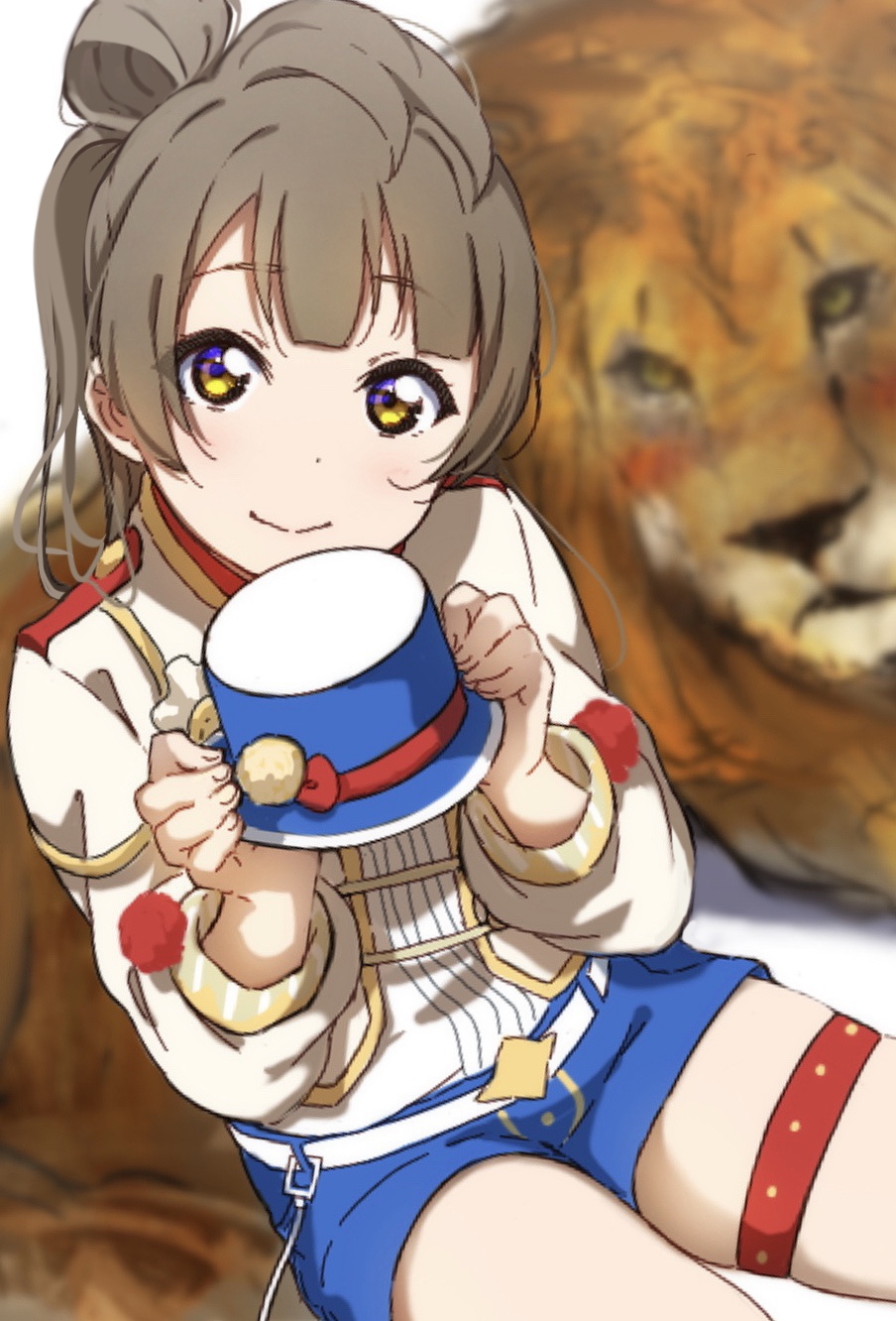 1girl band_uniform bangs belt blue_hat blue_shorts blurry blurry_background grey_hair hat highres holding holding_hat icehotmilktea jacket lion long_hair long_sleeves looking_at_viewer love_live! love_live!_school_idol_project minami_kotori one_side_up pom_pom_(clothes) short_shorts shorts sitting skindentation smile solo thigh_strap top_hat white_jacket yellow_eyes