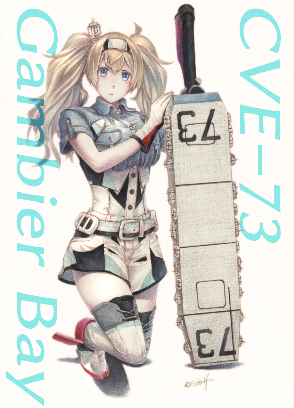 1girl belt blonde_hair blue_eyes blue_shirt boots breast_pocket breasts buttons collared_shirt commentary flight_deck gambier_bay_(kantai_collection) gloves hair_between_eyes hair_ornament hairband highres kantai_collection large_breasts millipen_(medium) multicolored multicolored_clothes multicolored_gloves personification pocket shirt short_sleeves shorts solo tesun_(g_noh) thigh-highs thigh_boots traditional_media twintails watercolor_pencil_(medium) white_background white_legwear