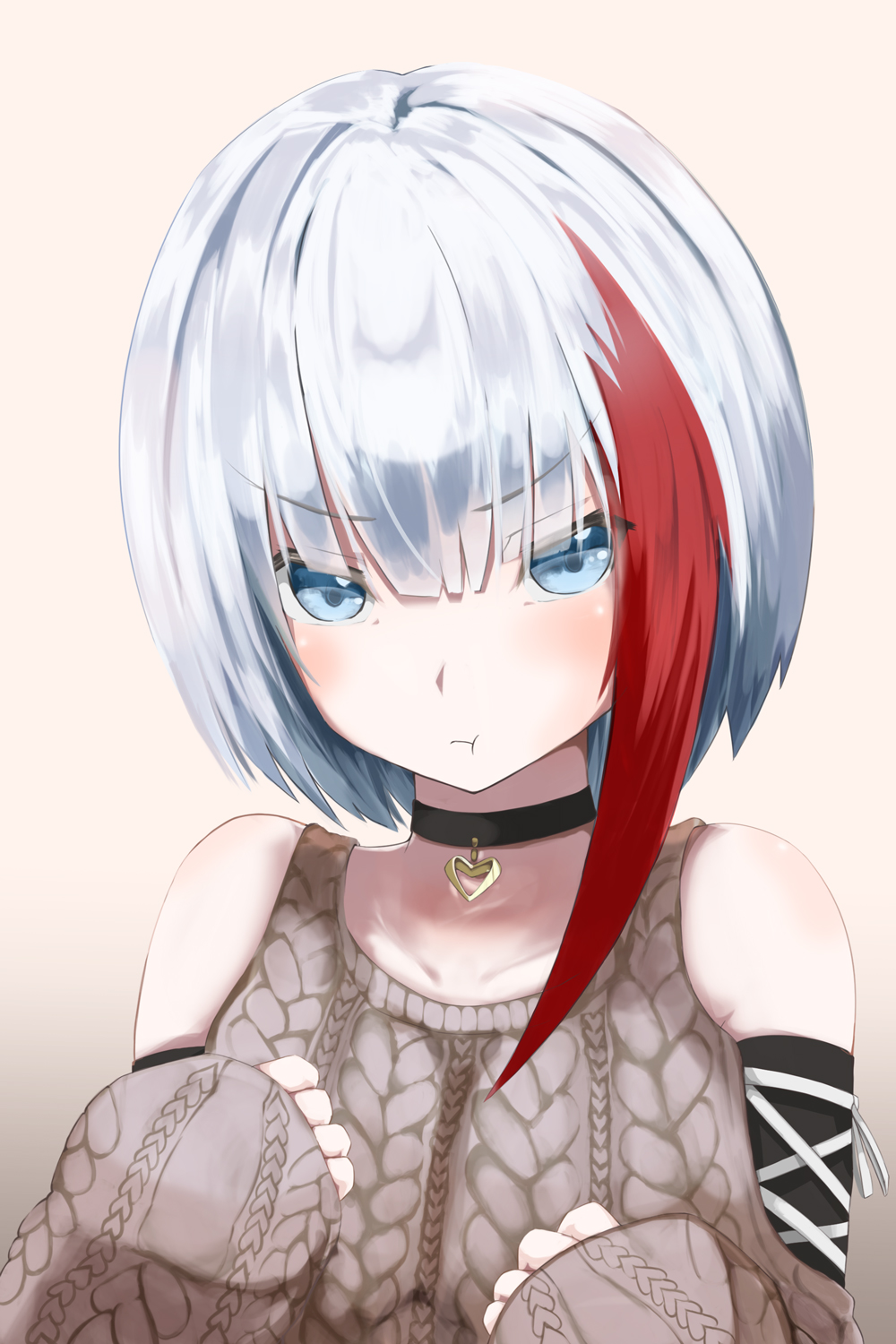 1girl :t admiral_graf_spee_(azur_lane) aoi_minato_(aoi3710blueport) aran_sweater azur_lane bangs blue_eyes blunt_bangs blush breasts choker commentary_request detached_sleeves eyebrows_visible_through_hair frown hands_up heart heart_choker highres looking_at_viewer multicolored_hair pout redhead revision short_hair sidelocks silver_hair sleeves_past_wrists solo streaked_hair sweater upper_body