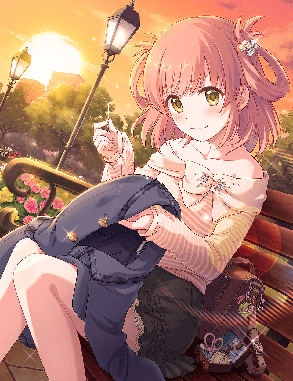 1girl bag bench building casual collarbone flower green_eyes hair_ornament hair_rings highres inosaki_rino lamppost lens_flare looking_at_viewer medium_hair needle official_art orange_hair plant princess_connect! school_bag school_uniform scissors sewing sewing_kit sewing_needle sitting sun sunset tree