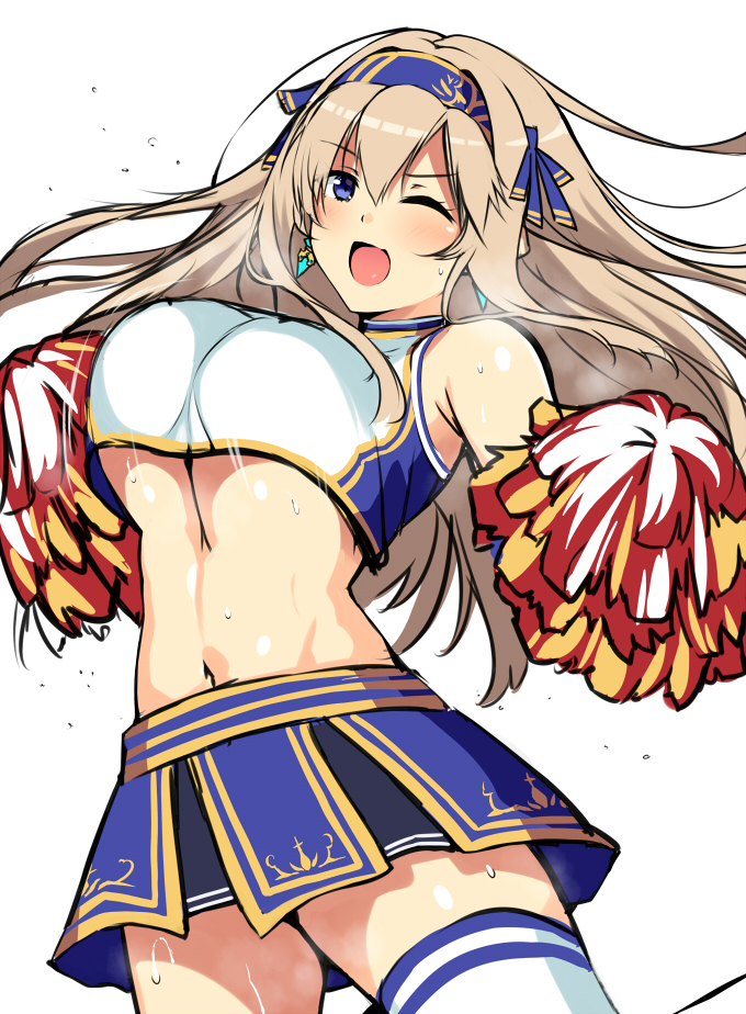 1girl ;d armpit_crease bangs bare_shoulders blonde_hair blue_eyes blue_ribbon blue_skirt blush brave_girl_ravens breasts breath cheerleader crop_top earrings eyebrows_visible_through_hair hair_between_eyes hair_ribbon hairband holding_pom_poms horosuke_(toot08) jewelry kairi_(brave_girl_ravens) large_breasts legs_up long_hair looking_at_viewer midriff miniskirt motion_lines navel one_eye_closed open_mouth pom_poms ribbon shirt sidelocks simple_background skirt sleeveless sleeveless_shirt smile solo sweat thigh-highs under_boob white_background white_legwear white_shirt zettai_ryouiki