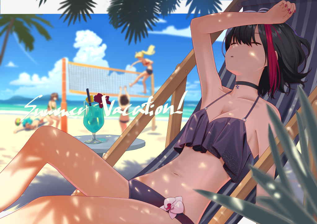 5girls arm_up armpits bang_dream! bangs bare_arms bare_shoulders beach beach_volleyball bikini black_bikini black_choker black_hair blonde_hair blue_hair blue_hawaii blue_sky blurry blurry_background breasts brown_hair choker cleavage closed_eyes clouds cloudy_sky collarbone commentary_request condensation_trail day deck_chair depth_of_field drink drinking_straw flower halterneck hand_on_own_head horizon hurricane_glass knee_up medium_breasts midair mitake_ran multicolored_hair multiple_girls nail_polish navel ocean outdoors palm_tree parted_lips plant poligon_(046) reclining red_nails redhead short_hair sidelocks sky sleeping solo_focus star stomach streaked_hair swimsuit table tree tree_shade tropical_drink volleyball volleyball_net water white_flower