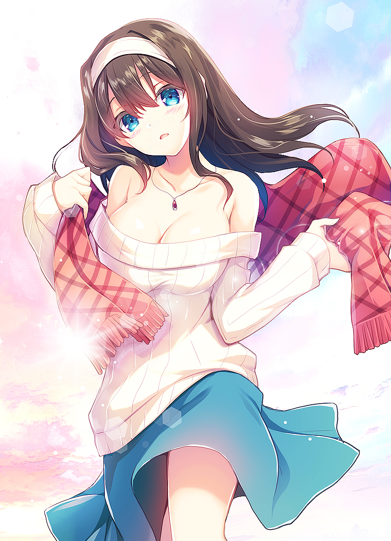 1girl armpit_crease bangs bare_shoulders blue_eyes blue_skirt blush breasts brown_hair cleavage clouds collarbone feet_out_of_frame floating_hair gunp hair_intakes hairband head_tilt holding_scarf idolmaster idolmaster_cinderella_girls jewelry long_hair long_sleeves looking_at_viewer medium_breasts miniskirt necklace off-shoulder_sweater parted_lips plaid plaid_scarf red_scarf ribbed_sweater sagisawa_fumika scarf sidelocks skirt sleeves_past_wrists solo standing sweater