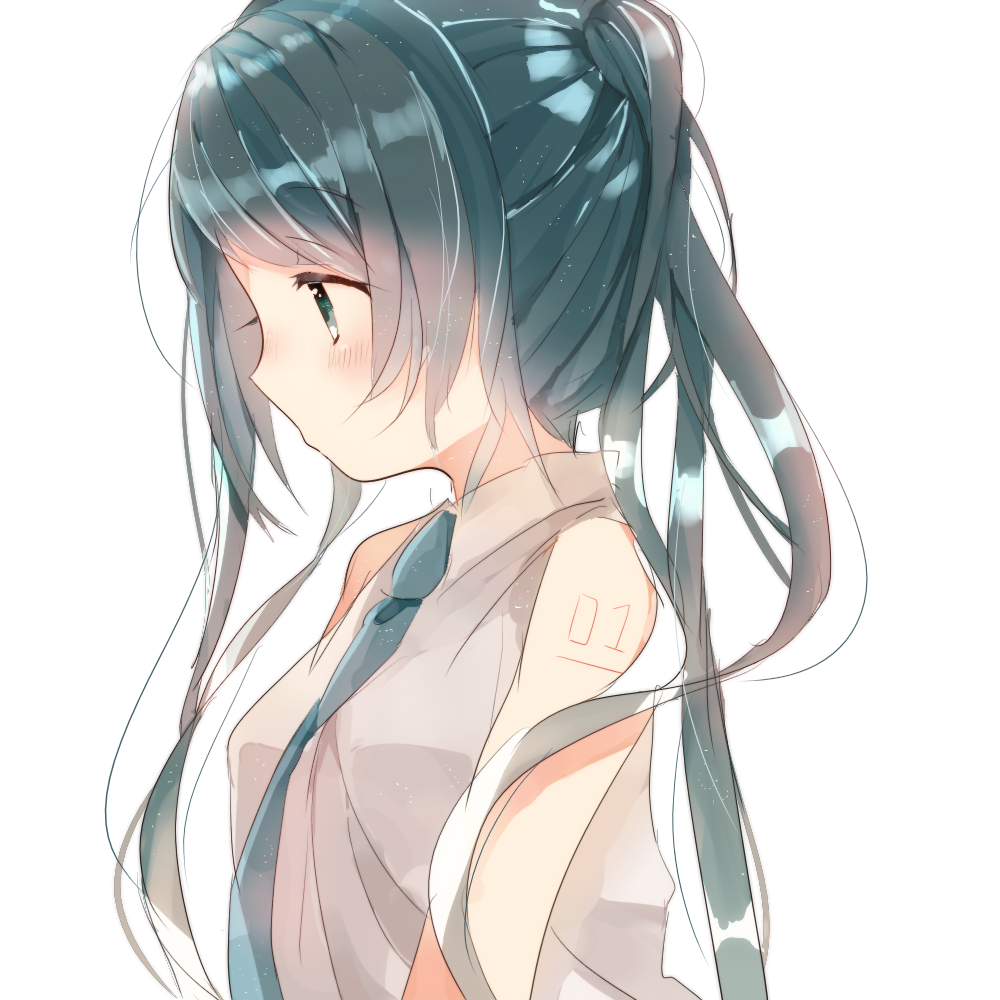 1girl arms_at_sides bare_shoulders blue_eyes blue_hair blue_neckwear blush commentary expressionless eyebrows_visible_through_hair eyelashes hatsune_miku long_hair looking_away motchi_(okitasaikou) necktie profile shirt sleeveless sleeveless_shirt solo symbol_commentary upper_body very_long_hair vocaloid white_shirt