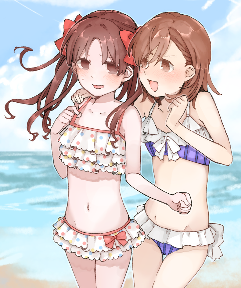 2girls :d bikini blue_sky bow brown_eyes brown_hair clouds collarbone day frilled_bikini frills groin hair_between_eyes hair_bow hand_on_another's_shoulder long_hair looking_at_viewer misaka_mikoto multiple_girls nanaheibei_3 navel ocean open_mouth outdoors purple_bikini red_bow shiny shiny_hair shirai_kuroko short_hair sky smile standing striped striped_bikini swimsuit to_aru_majutsu_no_index twintails vertical-striped_bikini vertical_stripes