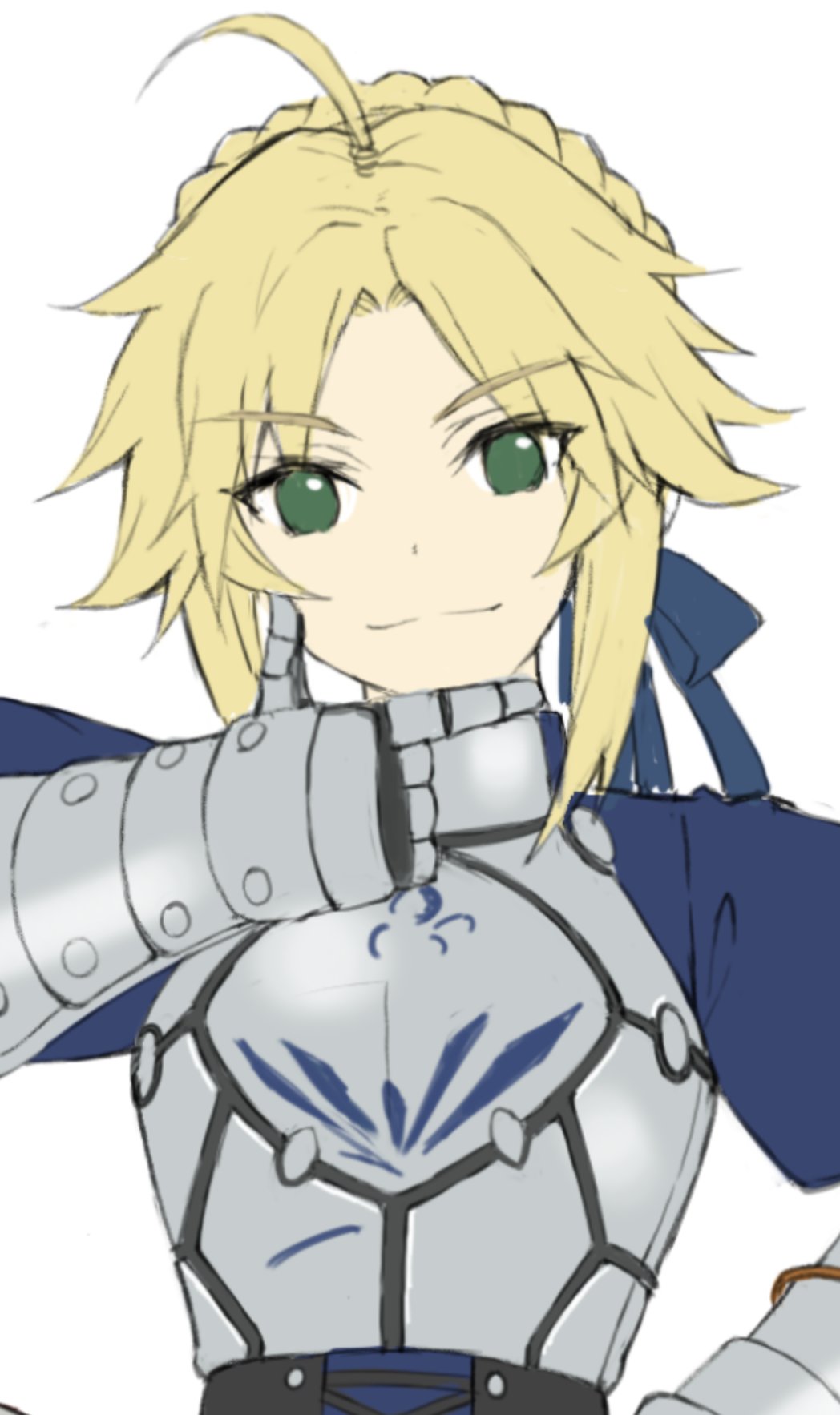 1girl ahoge armor armored_dress artoria_pendragon_(all) bangs blonde_hair blue_ribbon braid breastplate closed_mouth cosplay eyebrows_visible_through_hair fate/apocrypha fate/stay_night fate_(series) gauntlets green_eyes hair_ribbon hand_up highres juliet_sleeves long_sleeves looking_at_viewer mordred_(fate) mordred_(fate)_(all) parted_bangs puffy_sleeves ribbon saber saber_(cosplay) simple_background sketch smile solo tonee upper_body white_background
