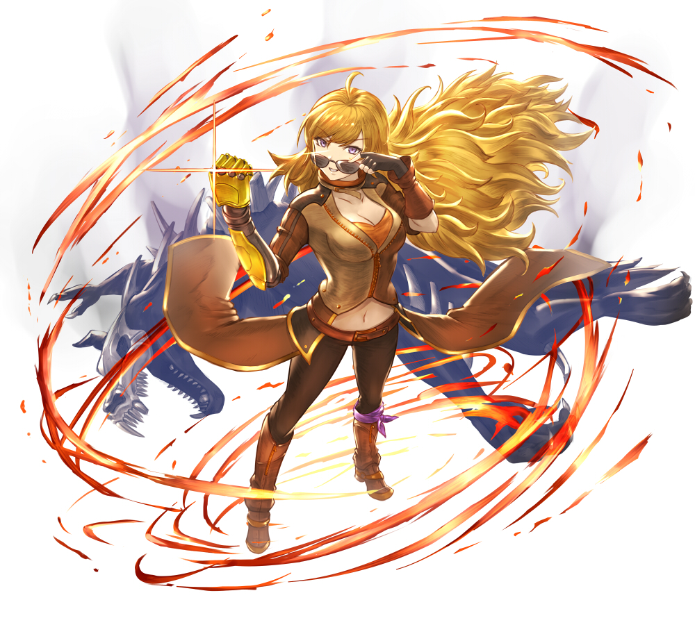 1girl :d :p adjusting_eyewear bangs blonde_hair boots breasts brown_eyes brown_footwear brown_pants cleavage clenched_hand collarbone floating_hair from_above full_body glasses kometukimushi large_breasts long_hair looking_at_viewer midriff navel open_mouth pants rwby smile solo standing stomach sunglasses swept_bangs tongue tongue_out very_long_hair yang_xiao_long