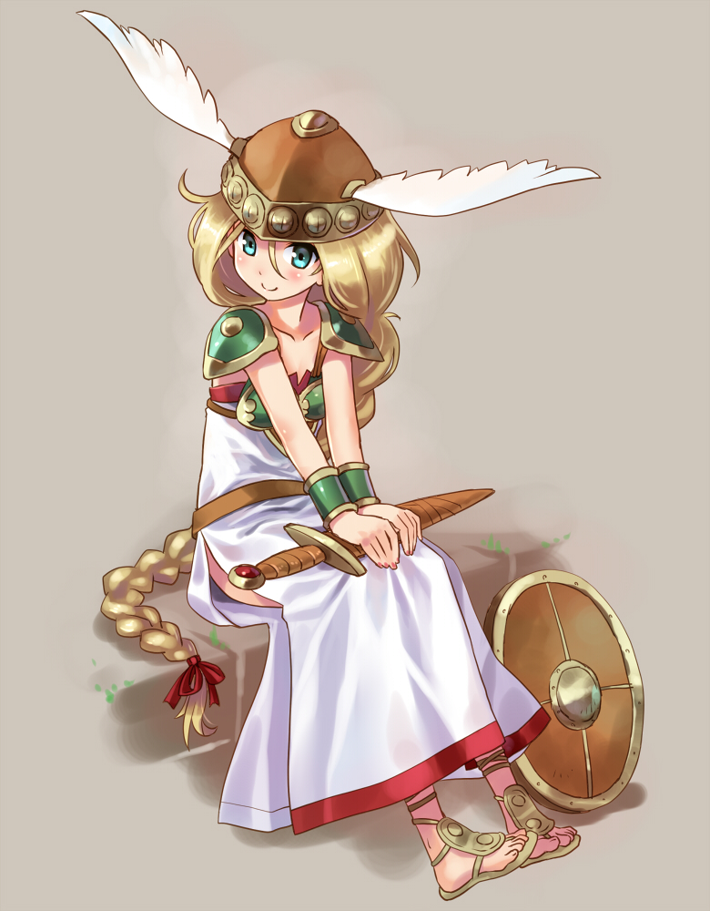 1girl armor armored_dress bangle blonde_hair blue_eyes bracelet braid brown_footwear brown_hat closed_mouth commentary dress grey_background hair_ribbon hat helmet holding holding_sword holding_weapon jewelry katahira_masashi long_dress long_hair looking_at_viewer pauldrons project_x_zone red_ribbon ribbon sandals shield side_slit single_braid sitting sleeveless sleeveless_dress smile sword valkyrie_(vnd) valkyrie_no_densetsu very_long_hair weapon white_dress winged_helmet