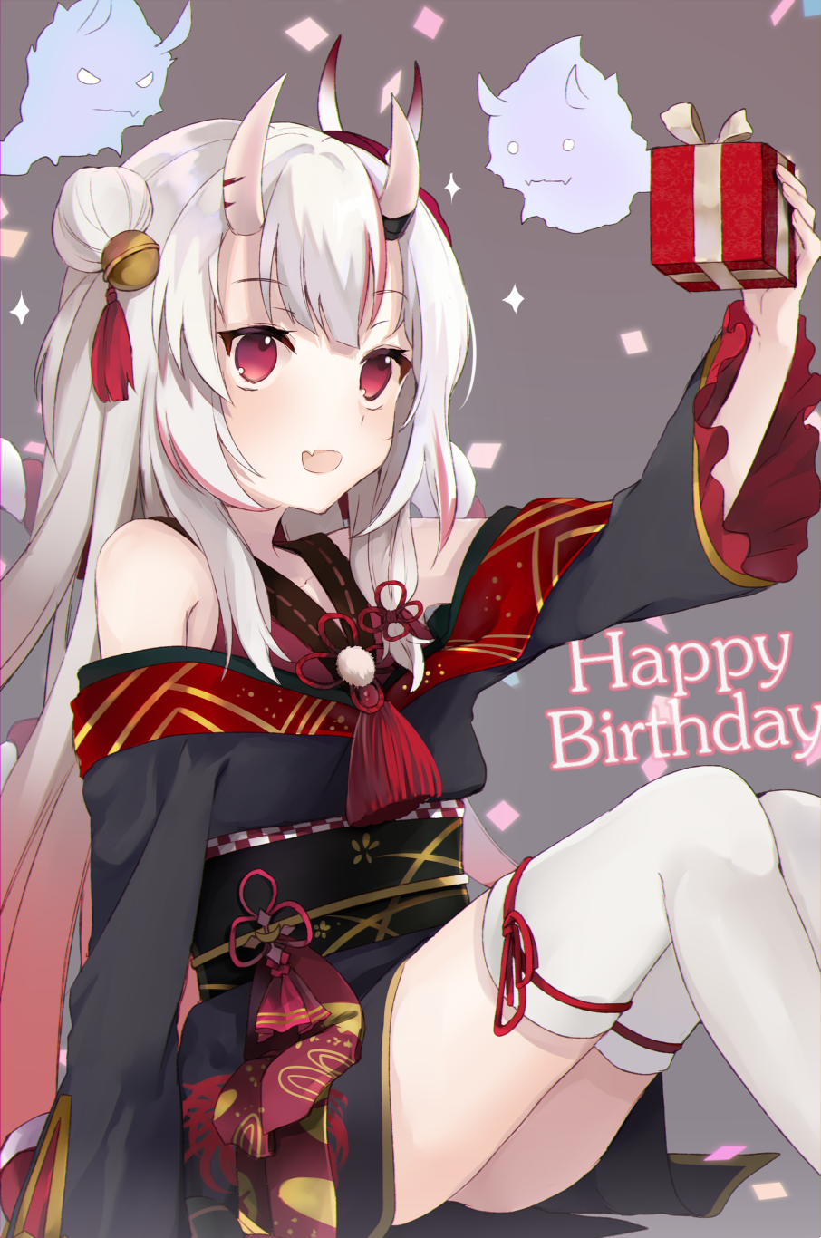 1girl arm_up fang gift hair_bun hair_ornament happy_birthday highres hololive horns japanese_clothes long_hair multicolored_hair nakiri_ayame open_mouth red_eyes simple_background sitting solo tacos_rr thigh-highs virtual_youtuber