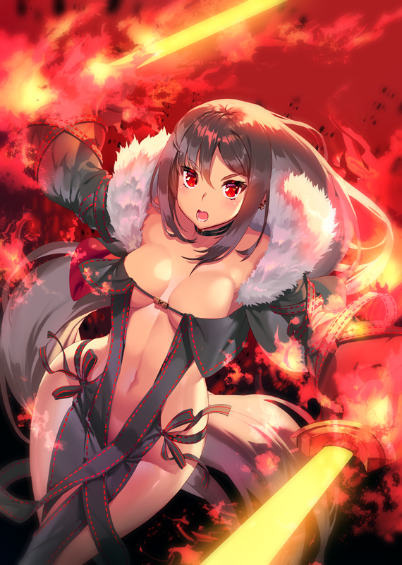 1girl aguy bangs black_dress breasts brown_hair center_opening choker cleavage collarbone commentary_request consort_yu_(fate) dress fate/grand_order fate_(series) fur_trim hips jacket large_breasts long_hair looking_at_viewer medium_breasts navel open_mouth red_eyes solo strapless strapless_dress very_long_hair