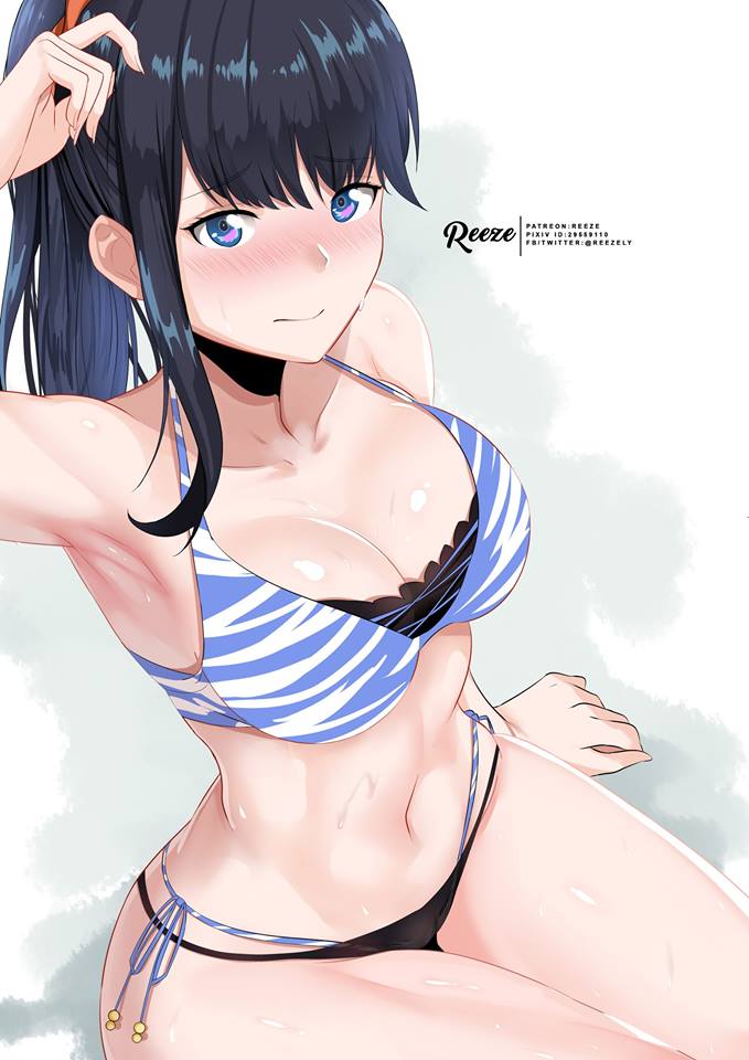 armpits bangs bikini black_bikini black_hair blue_bikini blue_eyes blush breasts cleavage closed_mouth commentary_request halterneck hand_in_hair large_breasts looking_at_viewer navel orange_scrunchie reeze_(artist) scrunchie sidelocks sitting ssss.gridman swimsuit takarada_rikka thighs wet