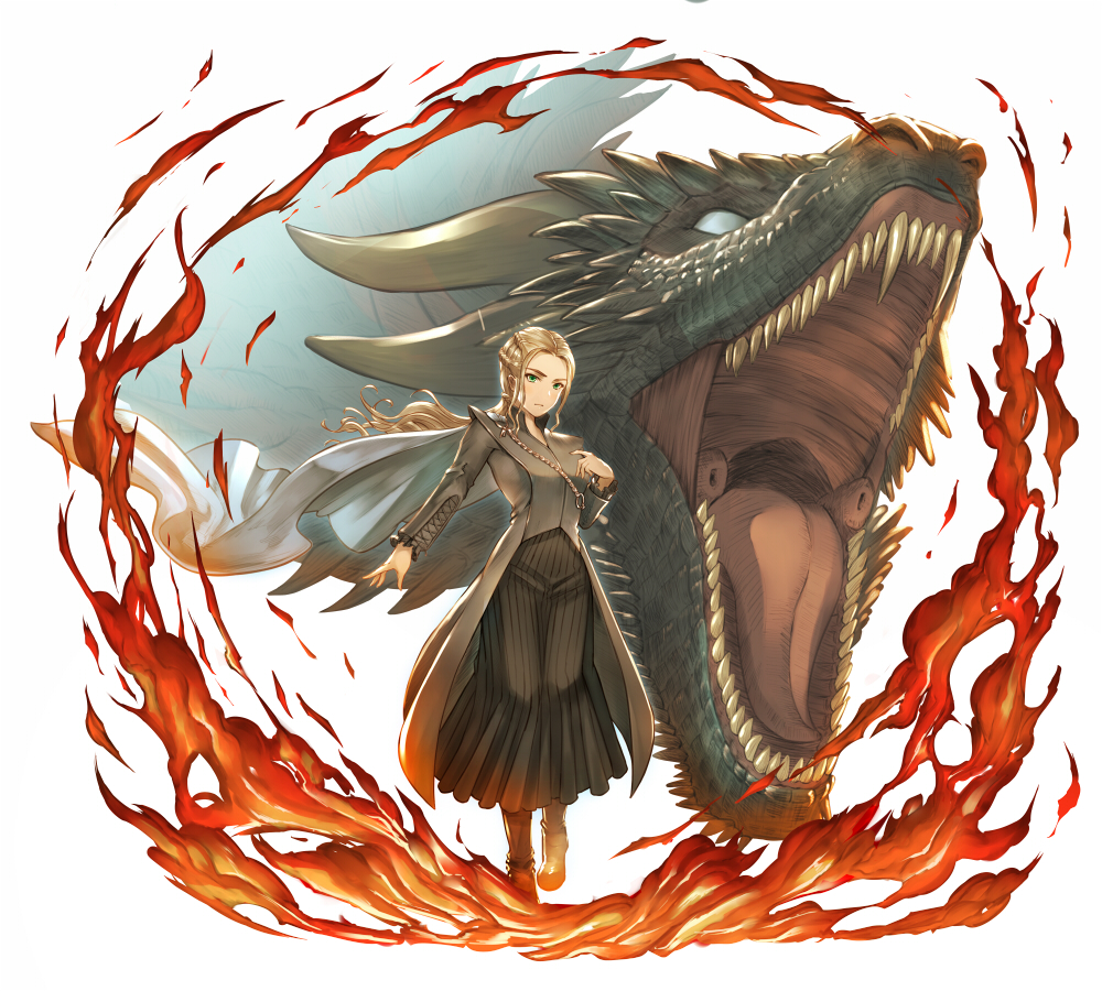 1girl black_skirt blonde_hair dragon fire floating_hair full_body green_eyes grey_cape kometukimushi long_hair long_skirt looking_at_viewer original outstretched_arm pleated_skirt skirt solo standing white_background