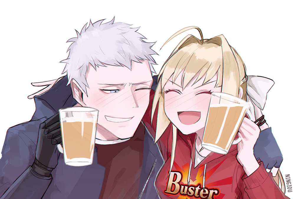 &gt;:) 1boy 1girl ahoge alcohol alternate_costume beer blonde_hair blue_eyes blush closed_eyes devil_may_cry drunk fate/extra fate_(series) fingerless_gloves gloves grey_hair hood hoodie kyou_(ningiou) mechanical_arm namesake nero_(devil_may_cry) nero_claudius_(fate) nero_claudius_(fate)_(all) one_eye_closed open_mouth smile