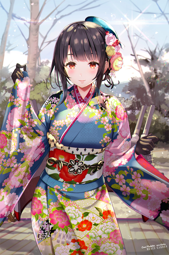1girl bangs beret black_gloves black_hair blue_hat blue_kimono blue_sky blush breasts cannon clouds day floral_print flower gloves hair_flower hair_ornament hand_up hands_up hat hayakawa_akari japanese_clothes kantai_collection kimono large_breasts lens_flare looking_at_viewer obi outdoors petals red_eyes rigging sash short_hair sidelocks sky sleeves_past_wrists smile solo takao_(kantai_collection) tree turret wide_sleeves