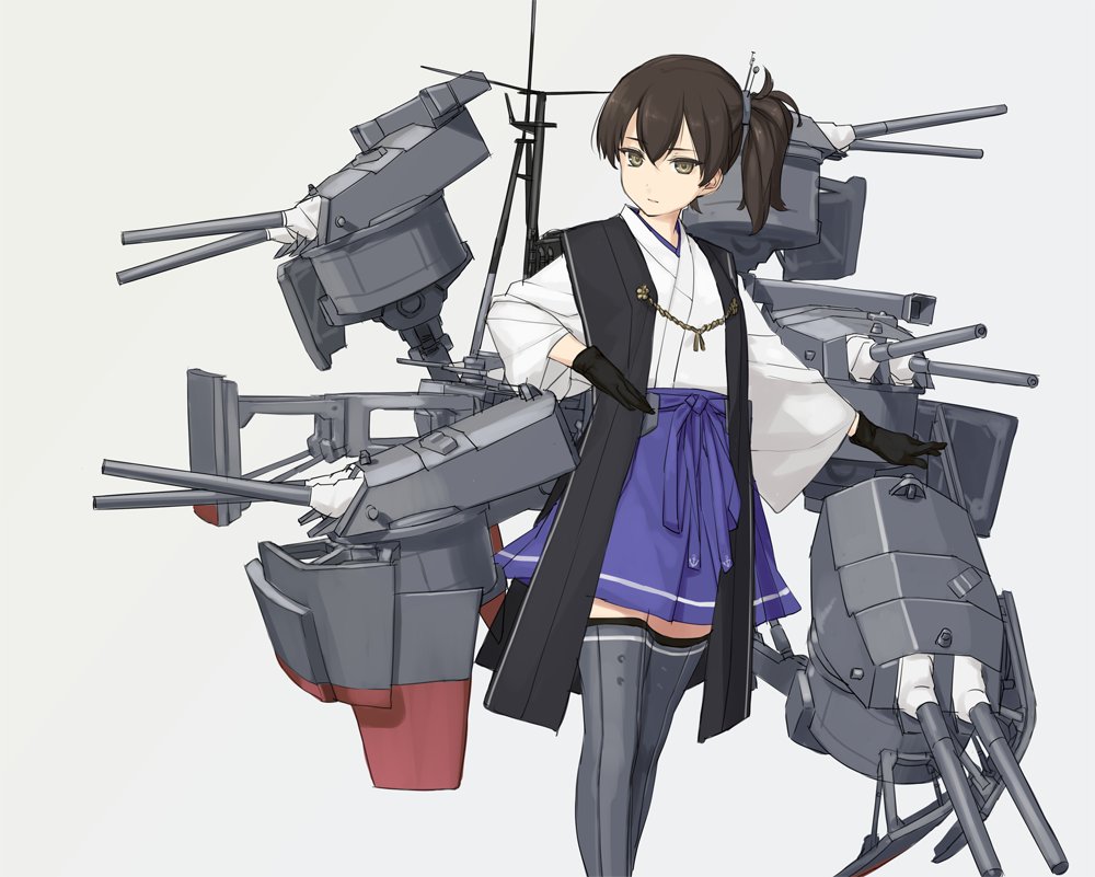 1girl beige_background black_gloves blue_skirt breasts brown_eyes brown_hair cannon gloves grey_legwear hair_ornament hakama_skirt hands_up japanese_clothes kaga_(kantai_collection) kantai_collection kimono long_hair rigging rokuwata_tomoe side_ponytail simple_background skirt solo thigh-highs turret white_kimono