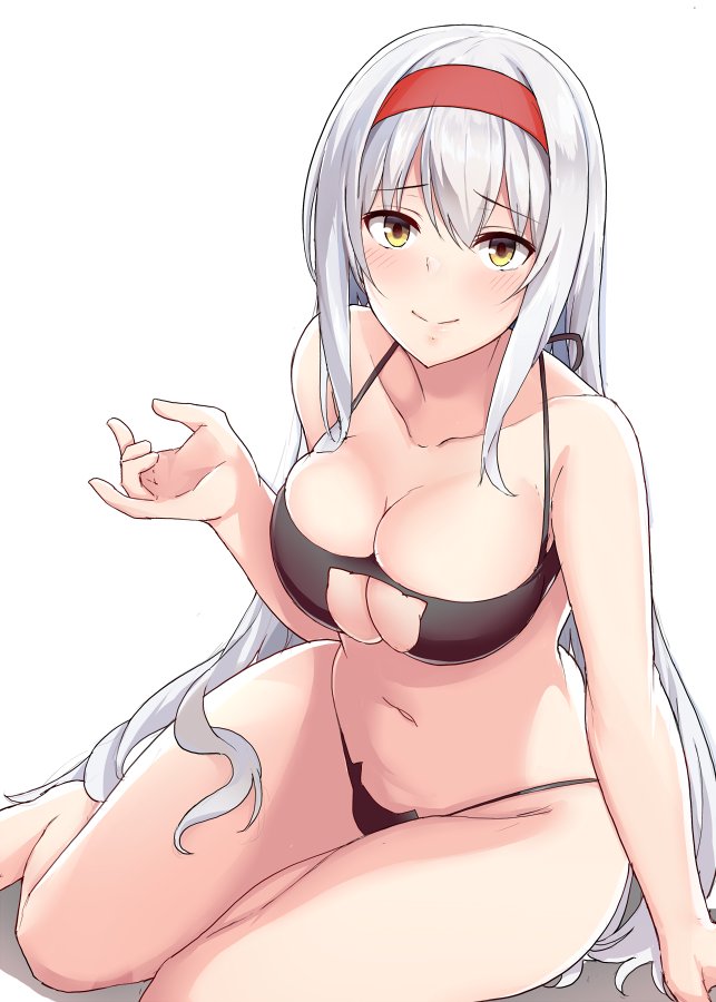 1girl adapted_costume barefoot bikini black_bikini breasts cat_lingerie cleavage cleavage_cutout collarbone hairband kantai_collection large_breasts long_hair looking_at_viewer meme_attire navel red_hairband shoukaku_(kantai_collection) simple_background sitting solo swimsuit very_long_hair white_background white_hair yellow_eyes yokozuwari zenri_tsusen