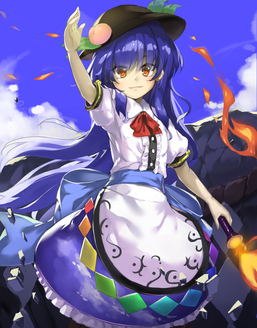 1girl arm_above_head arm_up bangs blue_hair blue_ribbon blue_sky clouds commentary dress embers fire food frilled_skirt frills fruit hair_between_eyes hat hinanawi_tenshi holding holding_weapon keystone layered_dress leaf light_smile long_hair looking_at_viewer neck_ribbon outdoors peach piyodesu puffy_short_sleeves puffy_sleeves red_eyes red_neckwear ribbon rope sash shimenawa short_sleeves skirt sky solo sword_of_hisou touhou very_long_hair weapon