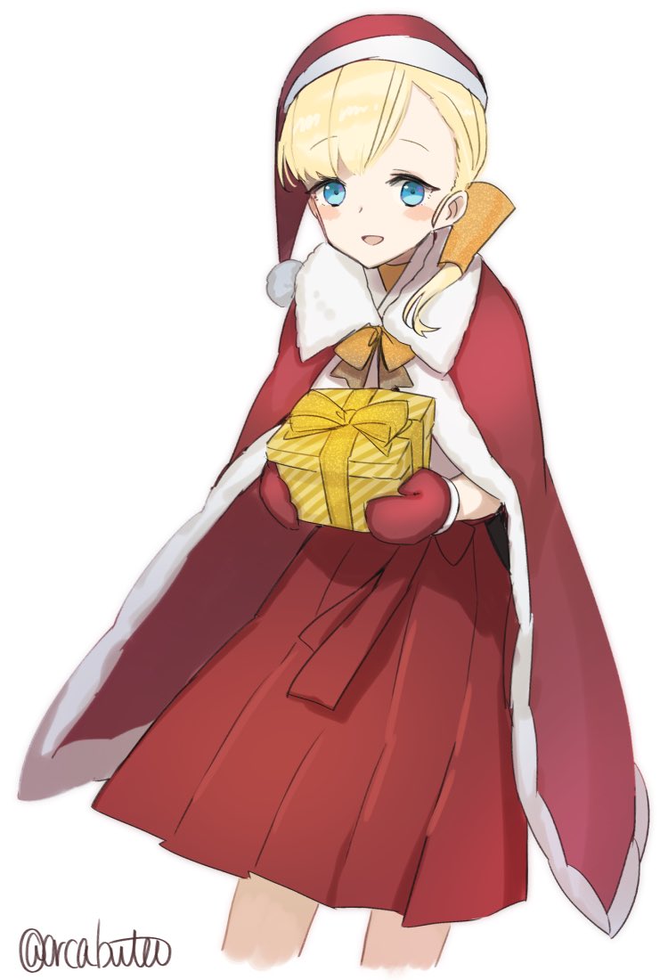 1girl bangs blonde_hair blue_eyes blunt_bangs cape commentary_request fur-trimmed_cape fur_trim gift hair_ornament hakama hakama_skirt hat japanese_clothes kantai_collection long_hair looking_at_viewer mittens red_cape red_hakama red_mittens santa_hat shin'you_(kantai_collection) side_ponytail simple_background solo standing twitter_username white_background yamashiki_(orca_buteo)