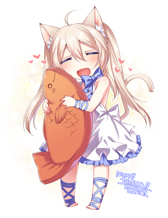 1girl :d =_= animal_ear_fluff animal_ears bare_shoulders barefoot_sandals blonde_hair blue_neckwear blush bow bowtie cat_ears cat_tail chibi closed_eyes commentary_request dated dress eyebrows_visible_through_hair facing_viewer full_body hair_between_eyes heart konshin long_hair open_mouth original sandals signature smile solo tail twintails white_dress wristband