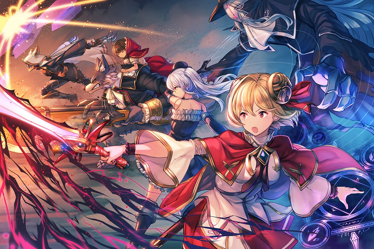 1boy 3girls arm_behind_back arm_up arms_behind_back ascot axe bangs bare_shoulders black_dress black_gloves blonde_hair boots bracelet brown_hair cape capelet carrying claw_(weapon) claws commentary_request djeeta_(granblue_fantasy) doll_joints dress elbow_gloves erune frilled_dress frills gem gloves gun hat holding holding_sword holding_weapon hood jacket jewelry lloyd_(granblue_fantasy) long_sleeves magic_circle mask medium_hair mini_hat multiple_girls open_mouth orchis piggyback puffy_short_sleeves puffy_sleeves red_eyes red_hood red_skirt renie ribbon runeslayer_(granblue_fantasy) sheath shirt short_hair short_sleeves silver_hair six_(granblue_fantasy) skirt string sword teeth top_hat torio_(mocd1985) trench_coat twintails weapon white_gloves white_shirt wide_sleeves wolf wulf