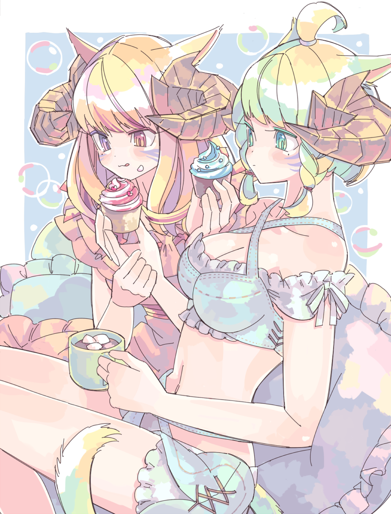 2girls :3 :p ahoge animal_ears bangs bare_shoulders blonde_hair border braid breasts cat_ears cat_tail cleavage criss-cross_halter cup cushion dress eating facial_mark final_fantasy final_fantasy_xiv food frills green_eyes green_hair halterneck heterochromia hiyo_moo holding holding_cup holding_food horns hot_chocolate large_breasts long_hair marshmallow midriff miqo'te muffin multiple_girls navel short_hair shorts sitting tail tongue tongue_out twin_braids whisker_markings white_border