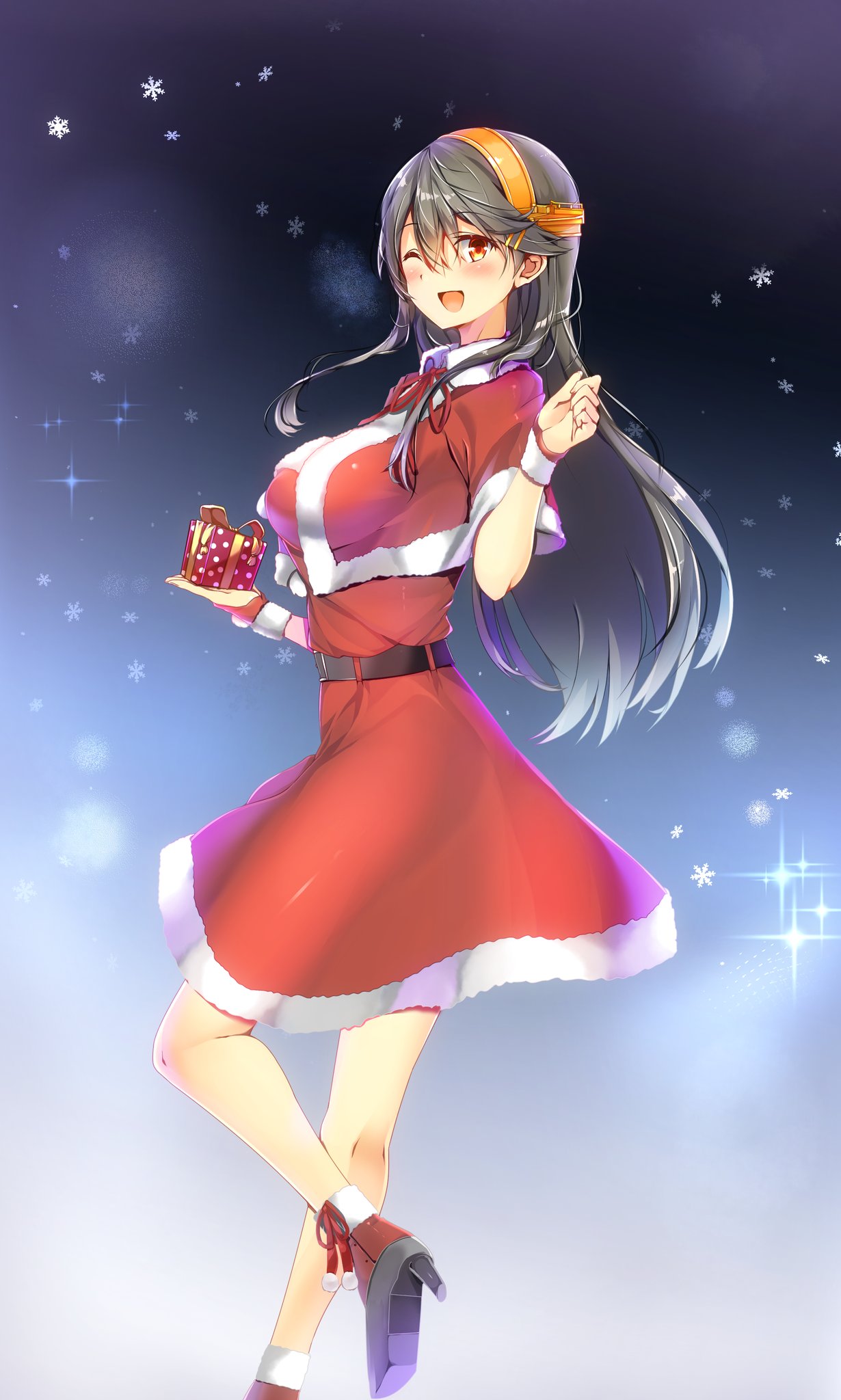 1girl bangs black_hair blush breasts capelet christmas_gift dress gradient gradient_background hair_between_eyes hair_ornament hairclip haruna_(kantai_collection) headgear high_heels highres kantai_collection large_breasts leg_up long_hair looking_at_viewer night one_eye_closed open_mouth red_dress remodel_(kantai_collection) santa_costume shiny shiny_hair solo star swept_bangs tsukui_kachou upper_body wristband