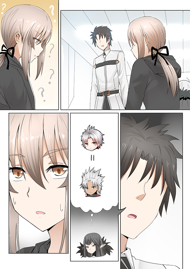 2girls 4boys amakusa_shirou_(fate) artoria_pendragon_(all) black_hair faceless faceless_male fate/grand_order fate_(series) fujimaru_ritsuka_(male) ginhaha interrogation multiple_boys multiple_girls pointy_ears saber_alter semiramis_(fate) silver_hair spoken_character sweatdrop yellow_eyes