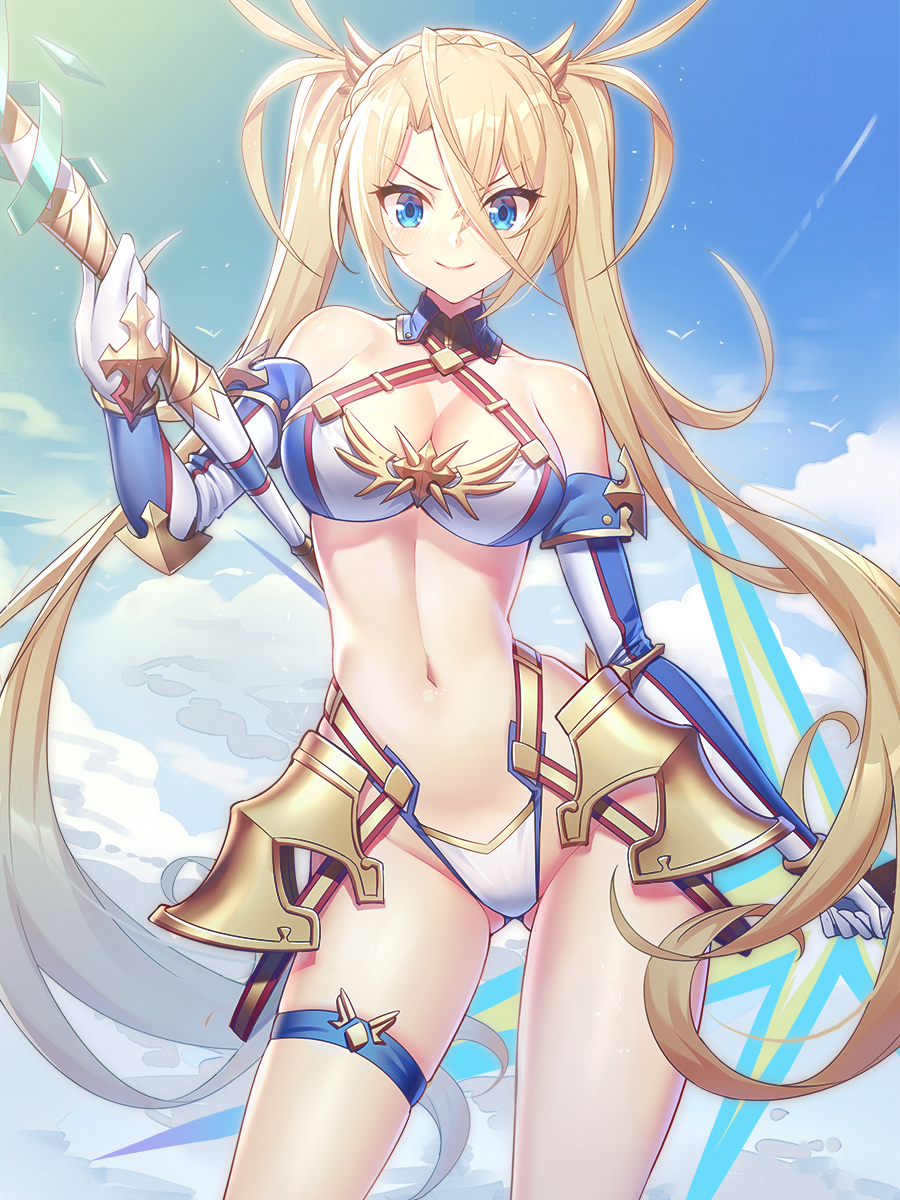 &gt;:) 1girl ass_visible_through_thighs bangs bare_shoulders blonde_hair blue_eyes blue_sky bradamante_(fate/grand_order) braid breasts cleavage closed_mouth clouds cloudy_sky commentary_request contrapposto criss-cross_halter crown_braid day elbow_gloves eyebrows_visible_through_hair fate/grand_order fate_(series) faulds gloves groin hair_between_eyes halterneck highres holding looking_at_viewer medium_breasts navel outdoors ririko_(zhuoyandesailaer) sidelocks sky smile solo standing thigh_strap twintails v-shaped_eyebrows white_gloves