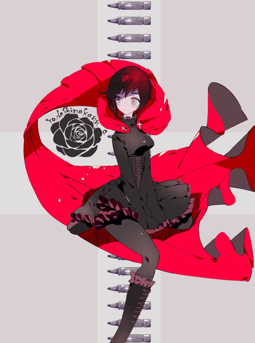 1girl black_dress boots bullet cape corset cross dress flower frilled_boots frilled_skirt frills grey_eyes pantyhose redhead rose ruby_rose rwby skirt solo