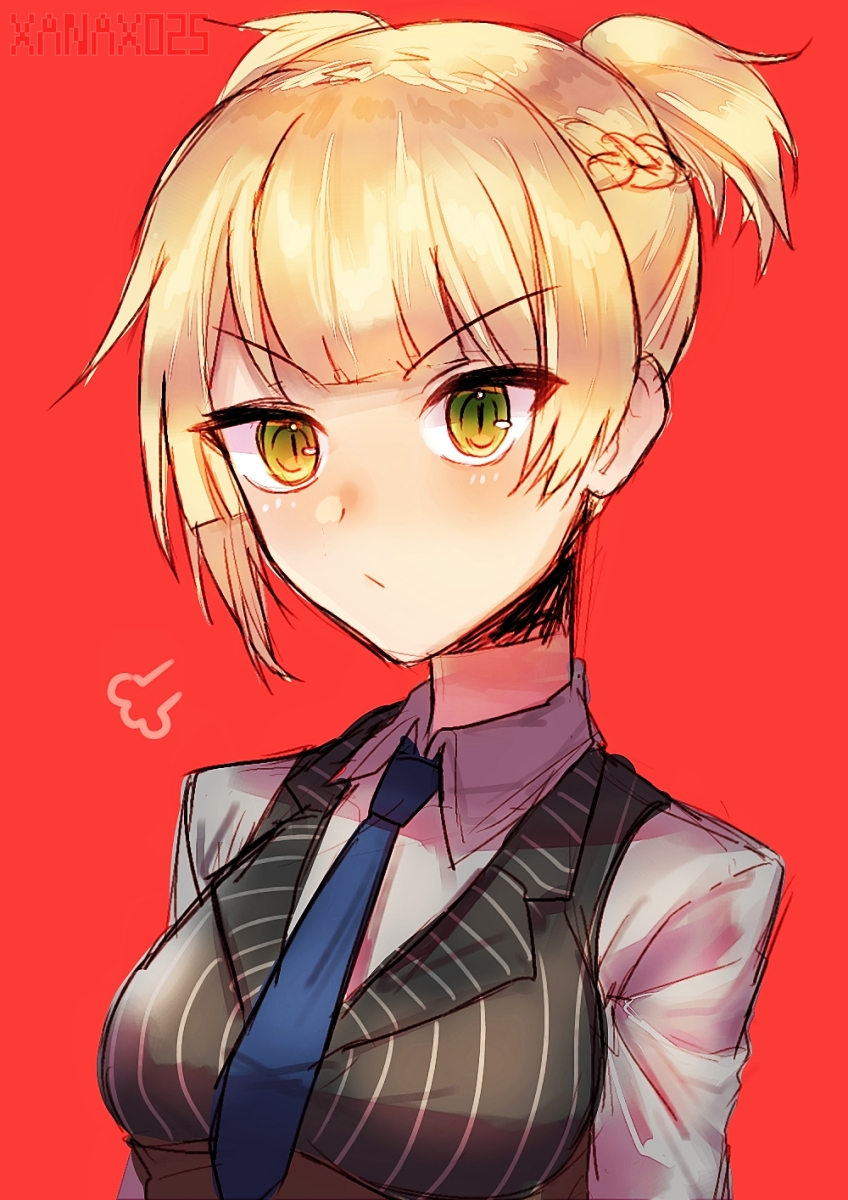 &gt;:/ 1girl artist_name blonde_hair blush braid french_braid girls_frontline green_eyes highres necktie red_background short_hair short_twintails simple_background sketch solo twintails upper_body welrod_mk2_(girls_frontline) xanax025