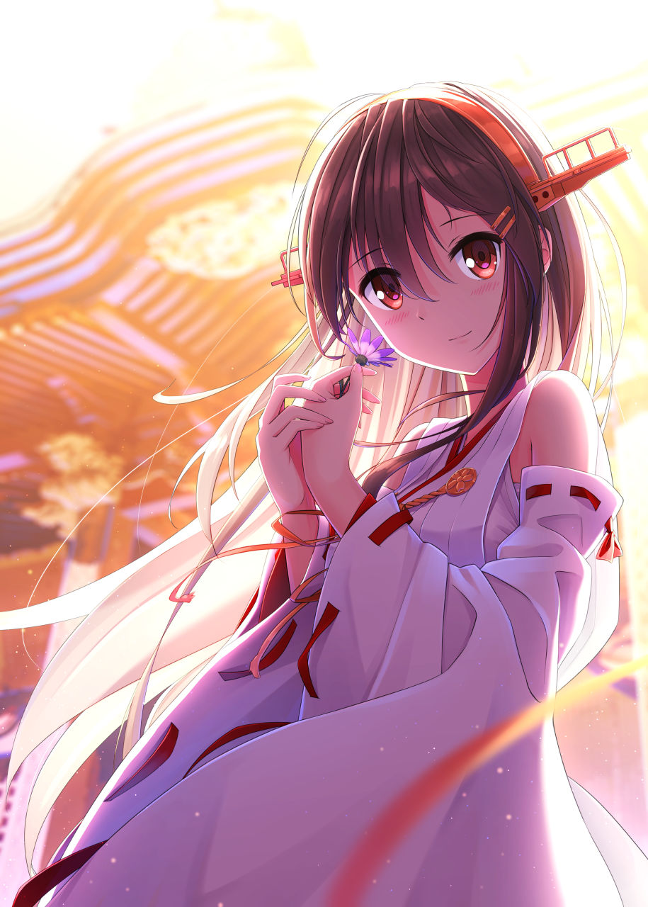 1girl bare_shoulders black_hair brown_eyes commentary_request detached_sleeves flower hair_ornament hairclip haruna_(kantai_collection) headgear highres holding holding_flower japanese_clothes kantai_collection kuro-kun_(nablack) long_hair looking_at_viewer nontraditional_miko remodel_(kantai_collection) smile solo wide_sleeves