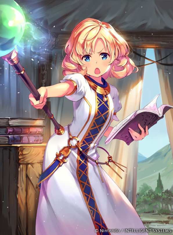 1girl blonde_hair blue_eyes book company_name copyright_name dress fire_emblem fire_emblem:_mystery_of_the_emblem fire_emblem_cipher hmk84 holding holding_book holding_staff nintendo official_art open_book open_mouth outstretched_arm short_hair short_sleeves sky solo staff tree yumina_(fire_emblem)