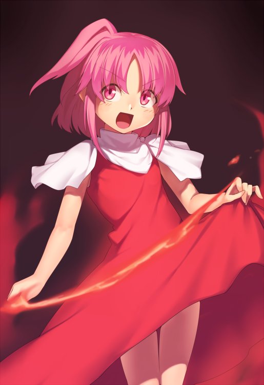 1girl dress dress_lift fire kaiza_(rider000) legs open_mouth pink_eyes pink_hair sara_(touhou) touhou touhou_(pc-98)